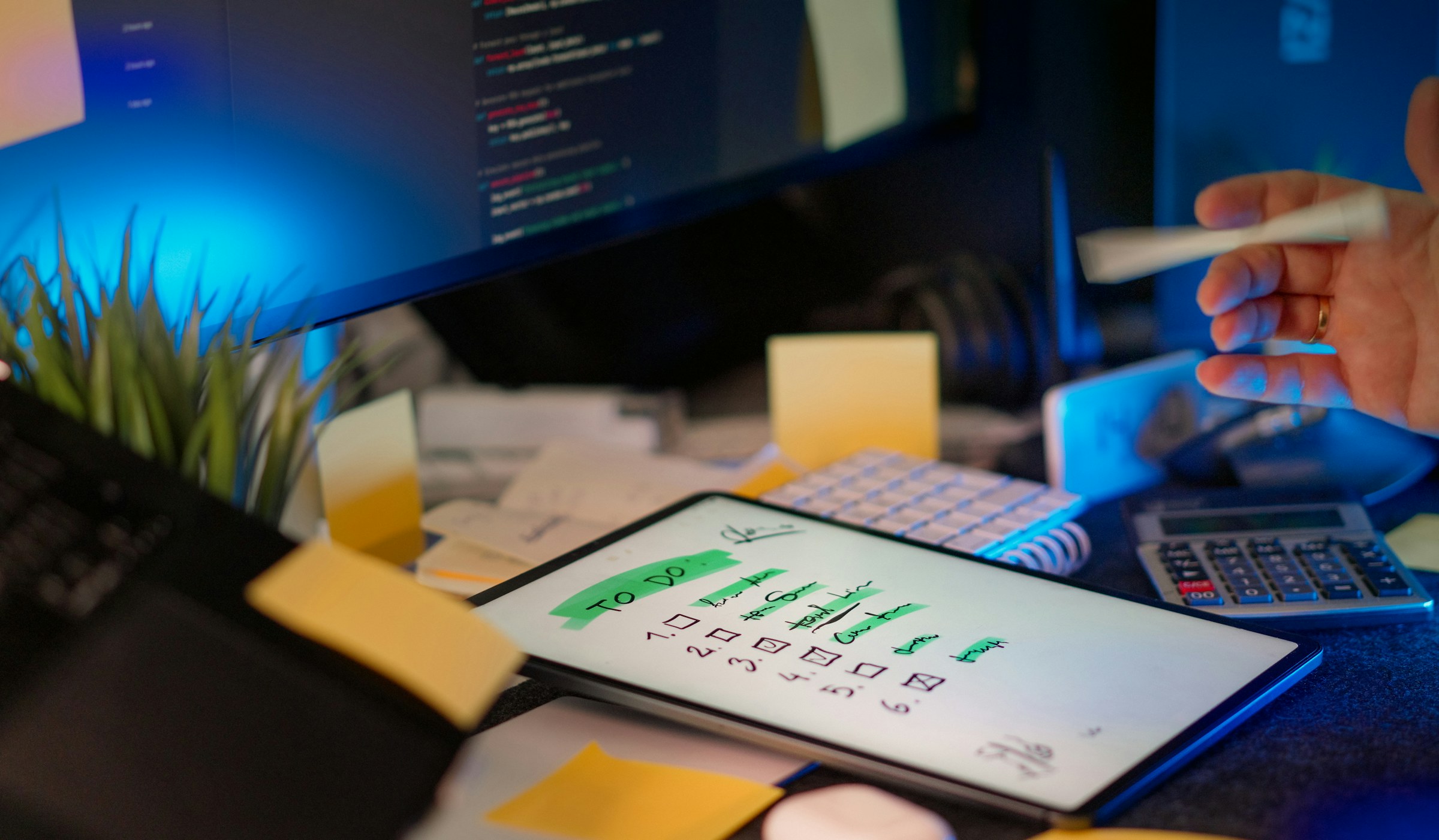 Puesto de trabajo con pantallas y una lista de tareas digital